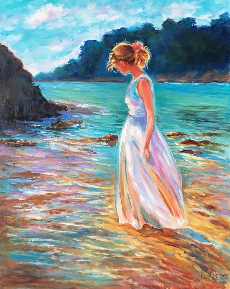 May include: An oil painting depicts a person in a white dress standing in shallow water at the beach. The artwork features a vibrant color palette of blues, oranges, and pinks, with a focus on the interplay of light and shadow. The person is facing down, with a pink flower in their hair.