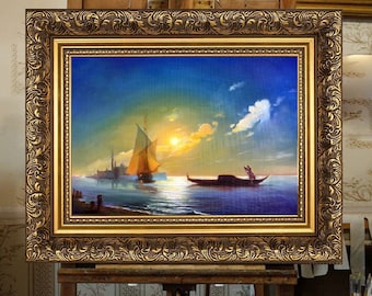 Gondolier on the sea at night by I. Aivazovsky. Painting on commission. Venice seascape. Original Oil 100% hand-made. Olga Begisheva K. art
