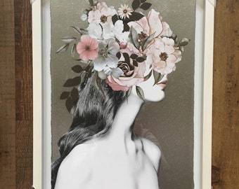 Floral Woman Portrait: Silver Foil Art Print, Framed Wall Decor
