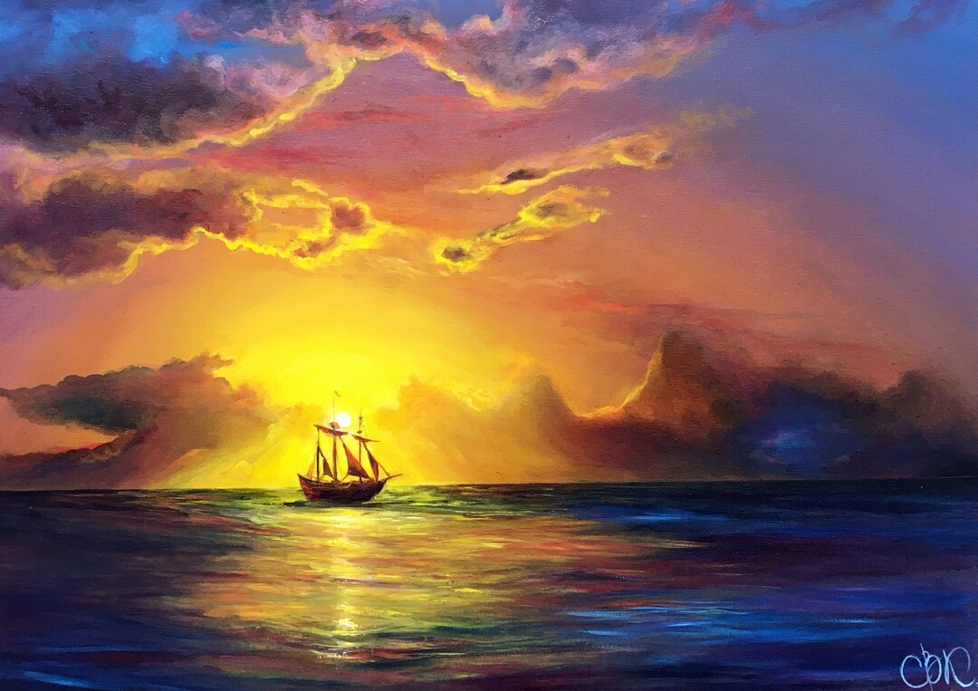 帆船の油絵 夕日に沈む船のオリジナル絵画 帆船の壁画 沿岸の - 絵画