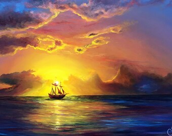 Sunset with a ship: Original Oil Painting. Seascape. Contemporary Art Coastal Landscape. Evening Beach, Sea, Clouds, Sailboat OBK ART