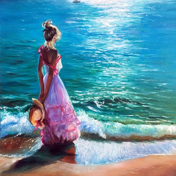Woman looking at the sea. Original Oil Painting on Commission. Girl Beach Coastal Seascape. OBK ART 20% OFF Sale. Vicente Redondo Repro