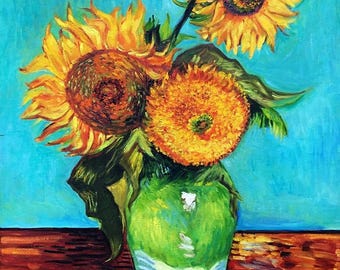 Three Sunflowers in A Vase by Van Gogh. Original Oil painting Deep Cotton canvas. Professional Reproduction.Artist Olga Begisehva K. OBK ART