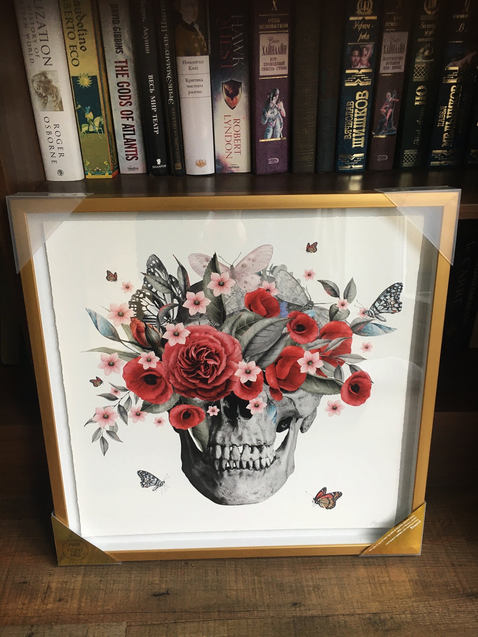 Flower Skull Wall Art: Gold Foil Framed Floral Painting (18