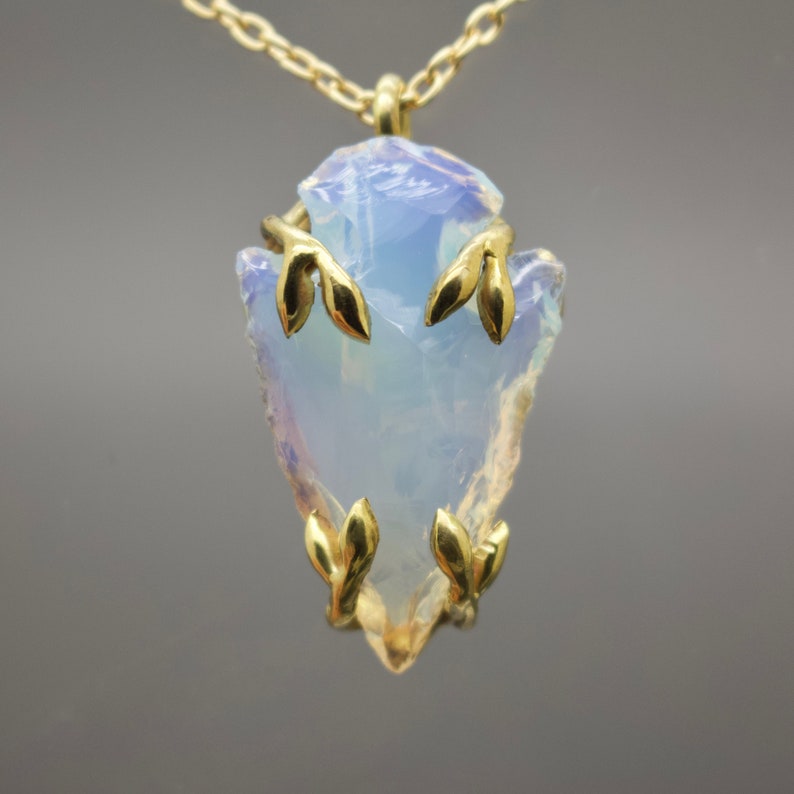 Alder Necklace Delicate Rainbow Opalite Carved Arrowhead Spear Necklace with Branch and Leaf Prong Custom Personalised Metal Option