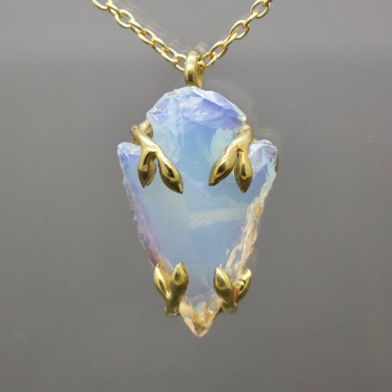 Alder Necklace Delicate Rainbow Opalite Carved Arrowhead Spear Necklace with Branch and Leaf Prong Custom Personalised Metal Option