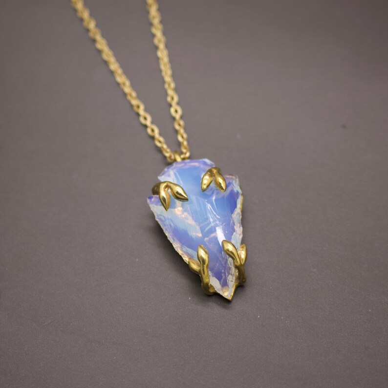 Alder Necklace Delicate Rainbow Opalite Carved Arrowhead Spear Necklace with Branch and Leaf Prong Custom Personalised Metal Option