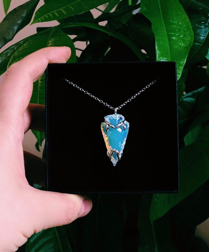 Alder Necklace Delicate Rainbow Opalite Carved Arrowhead Spear Necklace with Branch and Leaf Prong Custom Personalised Metal Option