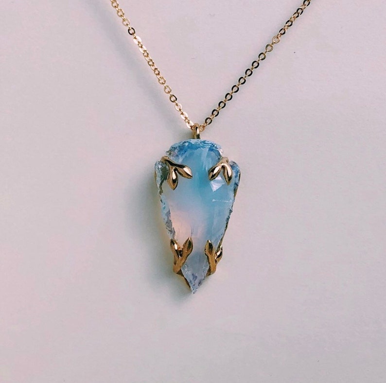 Alder Necklace Delicate Rainbow Opalite Carved Arrowhead Spear Necklace with Branch and Leaf Prong Custom Personalised Metal Option