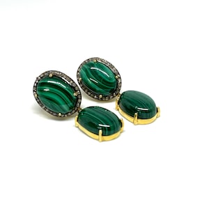 Malachite Earrings, Pave Diamond Earring, Green Malachite Cabochon, Minimalist Jewelry, May Birthstone, Gift For Women, Gemstone Earrings