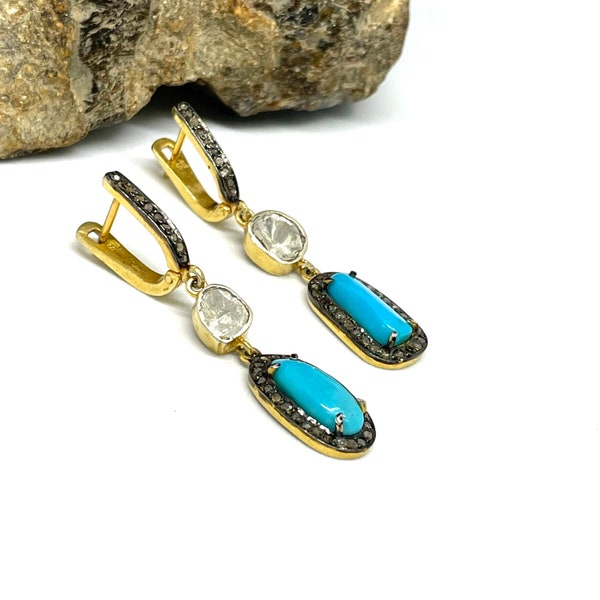 Very beautiful turquoise earring designer Rosecut pave diamond earrings 925 sterling silver handmade silver finish diamond earring