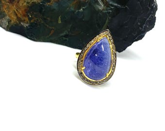 Tanzanite Cabochon Ring, Sterling Silver, Pave Diamonds Rings, Statement Rings, Handmade Jewellery, Birthday Gifts
