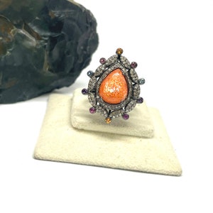 Oregon Sunstone Ring, Pave Diamond Ring, Handmade Jewellery, Sterling Silver, Gifts for Women, Gemstone Rings, Birthday Gifts, Stacking Ring