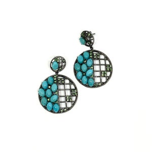 Turquoise Sterling Silver Dangle Earrings: Tsavorite Accents