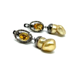 South Sea Pearl Drop Earrings: Citrine, Pave Diamond, Sterling Silver