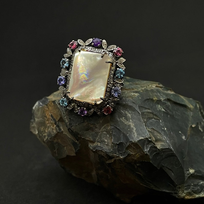 Mother of Pearl Ring, Statement MOP Ring, Pave Diamond Jewelry, Handmade Jewelrry, Gifts For Mother, birthday Gifts