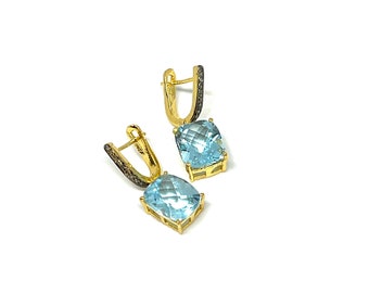 Blue Topaz Earring, 925 Silver Handmade Blue Topaz Gemstone Pave Diamond Earring For Women, Semiprecious Dangle Drop Gold Plated Earring