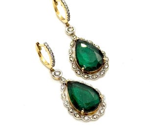 Zambian Emerald Earrings, 18K Gold Diamond Earring, Natural Emerald Gemstone, Fine Jewellery, Anniversary Gifts