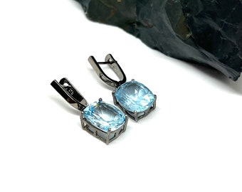 Blue Topaz Earring, 925 Silver Handmade Blue Topaz Gemstone Pave Diamond Dangle Earring For Women, Semiprecious Oxidized Earring For Her