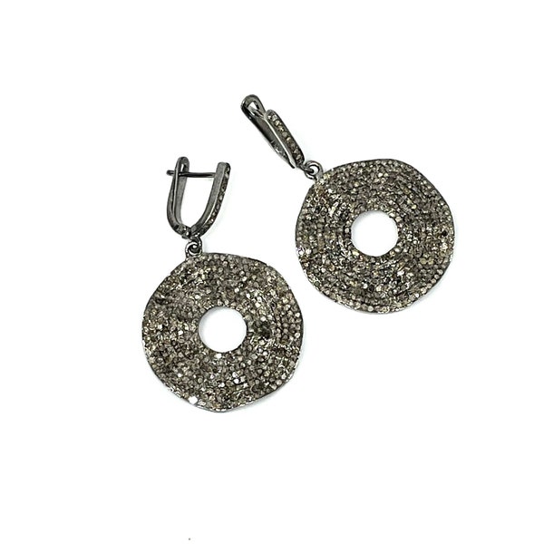 Pave Diamond Earring, Rosecut Diamond, 925 Silver Earring, Gift For Mom, Earring For Women, Oxidized Earring, Antique Earring, Birthday Gift