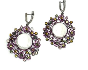 Freshwater Pearl Dangle Earrings: Sterling Silver Pave Diamond