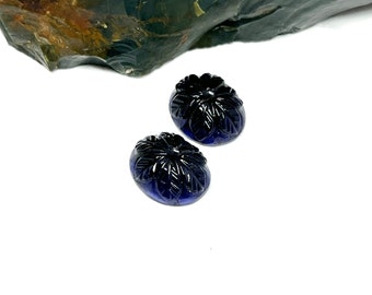 Iolite Gemstone, Iolite Oval Carving, Iolite Carved Pair, Iolite Cabochon Carving, Natural Blue Iolite Oval Pair, Water Sapphire Gemstone