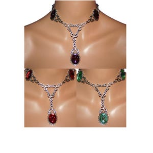 1x necklace choker with cabochon faceted in red purple green, ornaments antique silver, Gothic Victorian C44