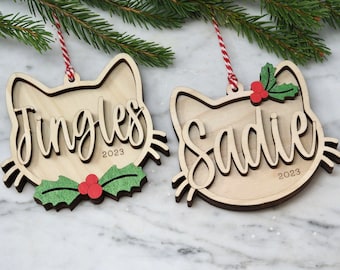 Cat Christmas Ornament | Personalized Cat Stocking Tag with year | 2025 | Wood
