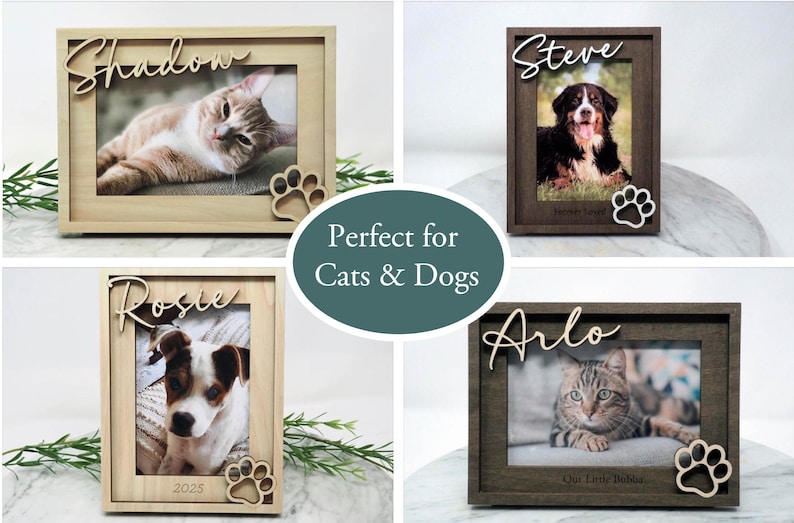 May include: Four rectangular wooden picture frames in light and dark wood finishes. Each frame features a cutout paw print in the corner and a custom name in script lettering at the top. The frames display photos of cats and dogs.