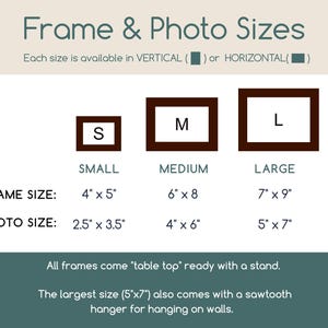 May include: A size chart titled Frame & Photo Sizes showing three dark brown rectangular frames labelled S, M, and L. It lists frame sizes 4x5, 6x8, and 7x9 inches, and photo sizes 2.5x3.5, 4x6, and 5x7 inches, noting availability in vertical or horizontal.