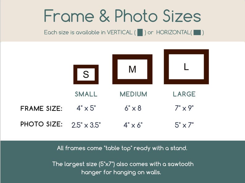 May include: A size chart titled Frame & Photo Sizes showing three dark brown rectangular frames labelled S, M, and L. It lists frame sizes 4x5, 6x8, and 7x9 inches, and photo sizes 2.5x3.5, 4x6, and 5x7 inches, noting availability in vertical or horizontal.