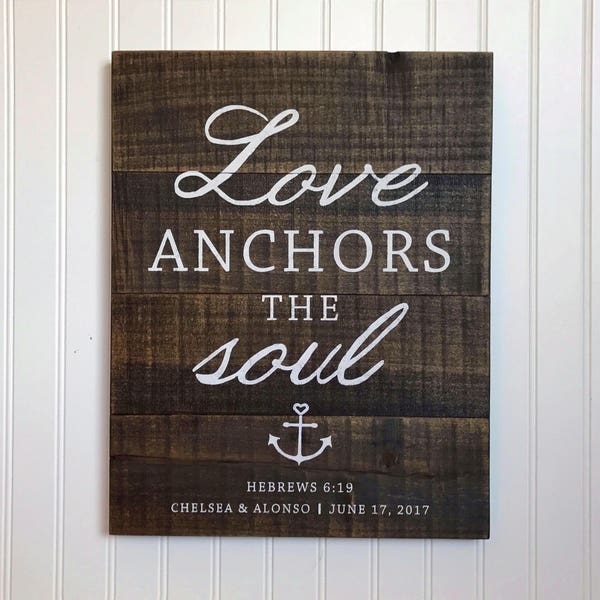 Love Anchors The Soul Sign, Personalized Wedding Gift, Bible Verse Sign Hebrews 6:19 Pallet Art Custom Wood Sign Anchor Wedding Decor Rustic