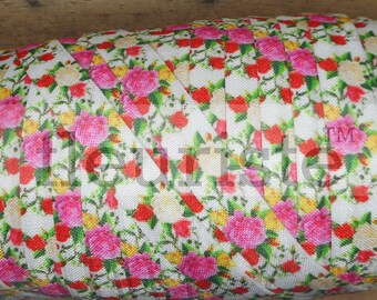 Fold Over Elastic, FOE, Foldover Elastic, Elastic By Yard, 5/8 Elastic, Printed Elastic, Wholesale Elastic, Pink Roses  Floral Elastic