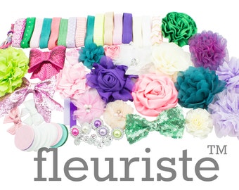May include: A collection of colorful hair bows and headbands, including pink, green, purple, and white flowers, sequins, and ribbons. The word "fleuriste" is written in gray text at the bottom of the image.