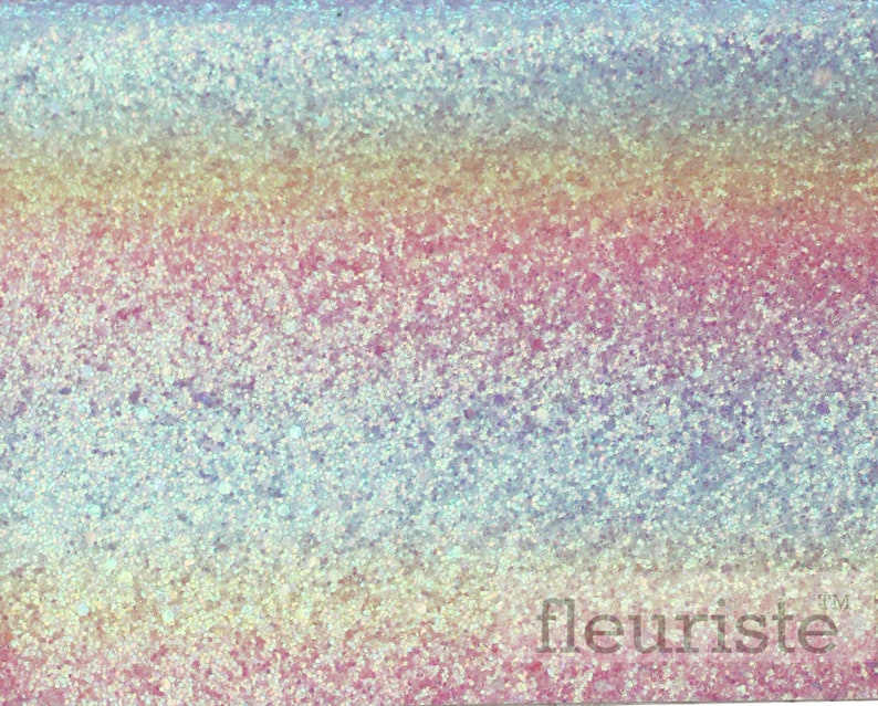 May include: A close-up of iridescent glitter with a rainbow gradient. The glitter is a light blue color at the top and fades to pink at the bottom. The text "fleuriste" is printed in white at the bottom of the image.
