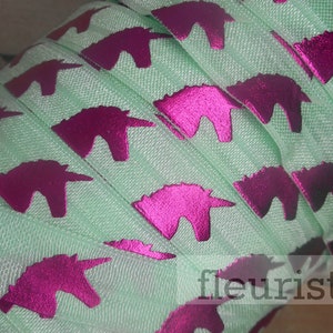 Fold Over Elastic, FOE, Foldover Elastic, Elastic By Yard, 5/8 Elastic, Elastic Wholesale Elastic, Pink Unicorn on Pastel Green Elastic