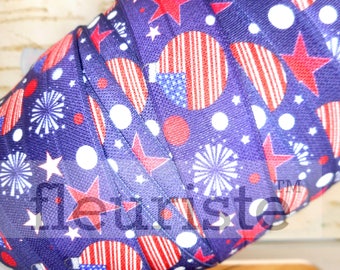 Fold Over Elastic, FOE, Foldover Elastic, Elastic By Yard, 1" Elastic, Red Blue Fireworks Elastic, Printed Elastic, 4th of July Elastic