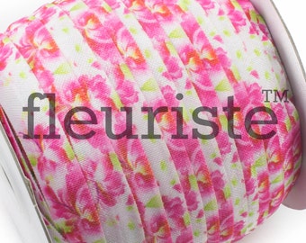 Fold Over Elastic, Elastic for Hair Ties, FOE, Foldover Elastic, Elastic By Yard, 5/8 Elastic, Printed Elastic Floral Pink Rose Elastic