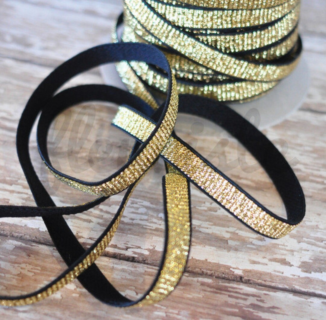 Gold Braided on Black 3/8 Elastic, 3/8 in Gold Elastic, Glitter