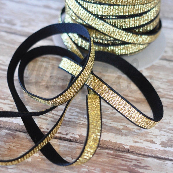 Gold Braided on Black 3/8 Elastic, 3/8" in Gold Elastic, Glitter,  Glitter elastic, Frosted Elastic, Printed Elastic, Wholesale Elastic