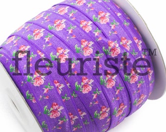 Fold Over Elastic, FOE, Foldover Elastic, Elastic By Yard, 5/8 Elastic, Printed Elastic, Wholesale Elastic, Purple Floral Elastic Flower
