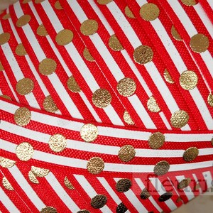 Fold Over Elastic, FOE, Foldover Elastic, Elastic By Yard, 5/8 Elastic, Printed Elastic, Wholesale Elastic, Red Gold Polka Dots Elastic