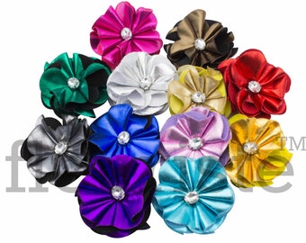 May include: Assortment of 12 fabric flower hair clips in various colors, including red, green, blue, purple, silver, gold, and pink. Each flower has a rhinestone center.