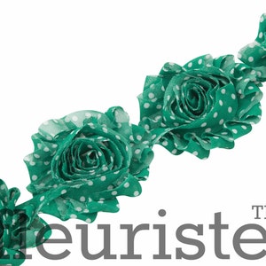 Shabby Rose Trim, Shabby Flower Trim, Shabby Flowers, Shabby wholesale, Shabby Trim, Chiffon flower, Shabby by yard, Green White Dots