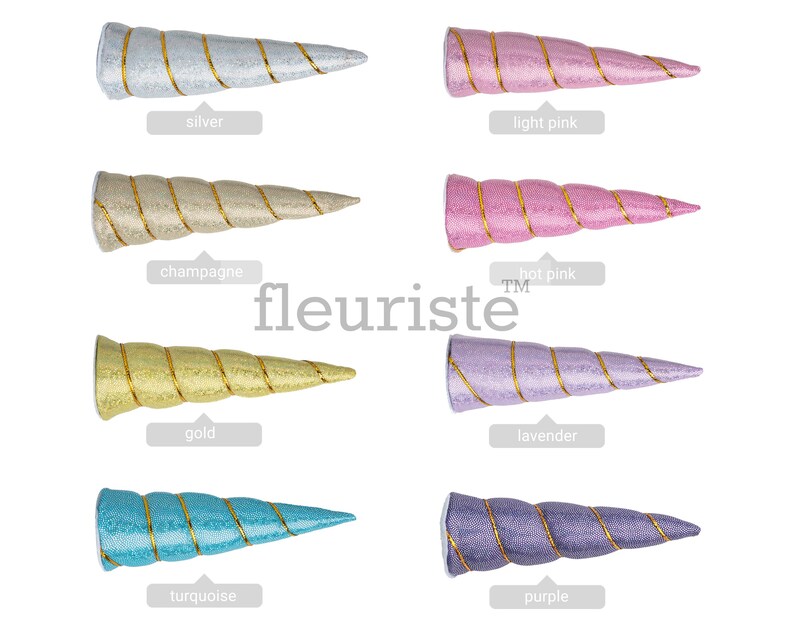 May include: Set of ten unicorn horn headbands in various colors, including silver, light pink, champagne, hot pink, gold, lavender, turquoise, and purple. Each headband features a spiral design.