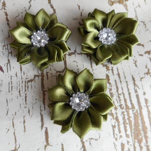 Ribbon Flower With rhinestone, Satin flower, Fabric rose, Rolled Rosette, Wholesale Flower, Fabric Flower, Satin Flower, 3pc, Olive Green
