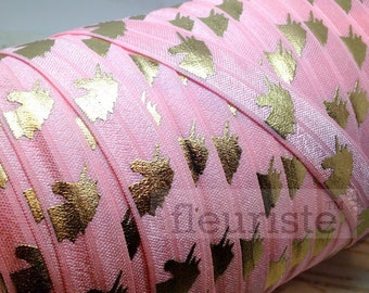 Fold Over Elastic, FOE, Foldover Elastic, Elastic By Yard, 5/8 Elastic, Elastic Wholesale Elastic, Gold Unicorn on Pink Elastic