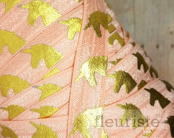 Fold Over Elastic, FOE, Foldover Elastic, Elastic By Yard, 5/8 Elastic, Elastic Wholesale Elastic, Gold Unicorn on Peach Elastic
