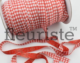 Vändbart vikbart resårband, FOE, vikbart resårband, resårband som metervara, 5/8-tums resårband, grossistresårband, röd gingham- och lantrutmönster
