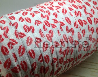 Fold Over Elastic, FOE, Foldover Elastic, Elastic By Yard, 5/8 Elastic, Wholesale Elastic, White Red Lips Elastic